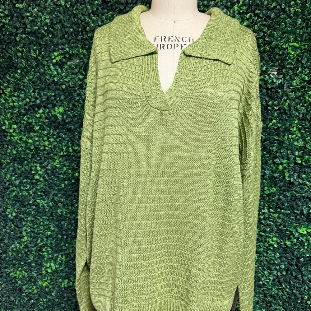 Lumiere Olive Green Collared V-Neck Sweater
